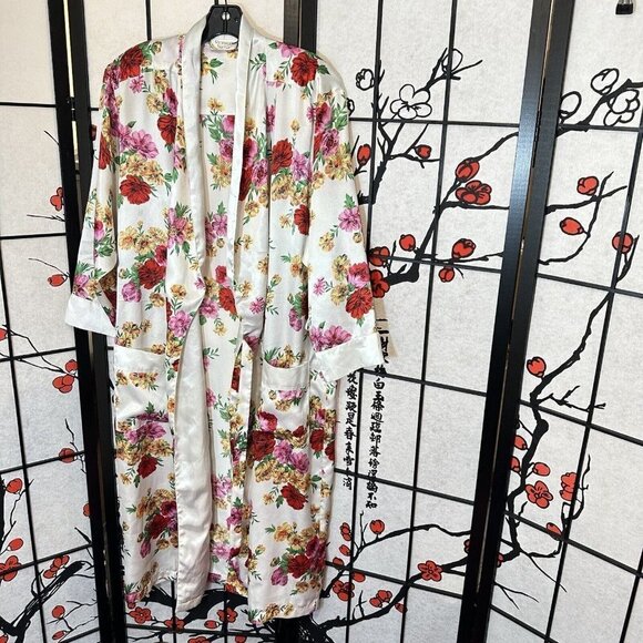 Vintage VICTORIA’S SECRET Women’s Robe Ivory Pink Red Floral Satin Size M/L - Picture 7 of 7